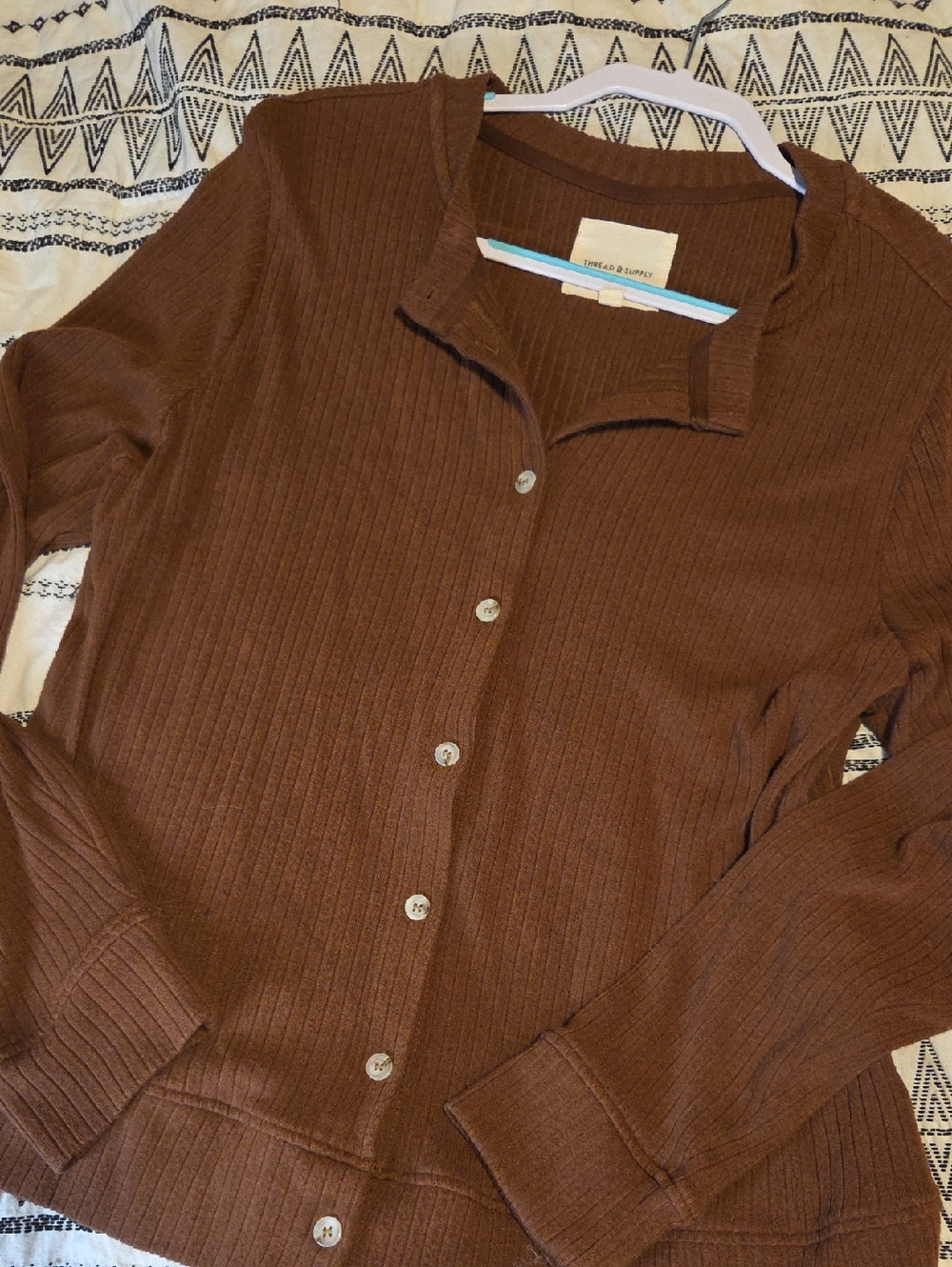 Thread & Supply Brown Ribbed Button-Up Top